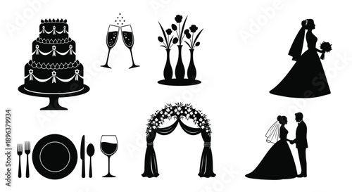 Black silhouettes of wedding icons cake flowers bride and groom table setting and arch for marriage and celebration concepts