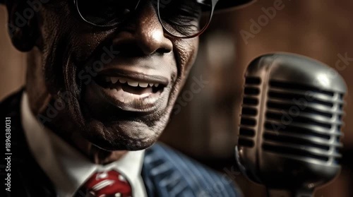 Close-up of a jazz singer performing into a vintage microphone, wearing suit and hat with strong emotion and soul. For music promotion, concerts, jazz culture, entertainment marketing, posters, albums