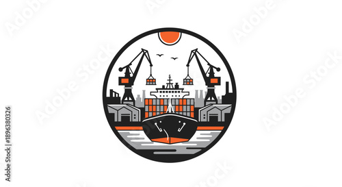 Cargo Ship and Cranes in a Busy Port Illustration.