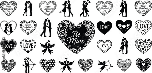 Valentine Love Silhouette Hearts Romance Couples Cupid Wedding Anniversary Celebration Romantic Design Vector Illustration Black