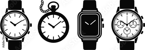 Watch Clock Timepiece Set Wristwatch Pocketwatch Smartwatch Chronograph Vector Illustration Black White