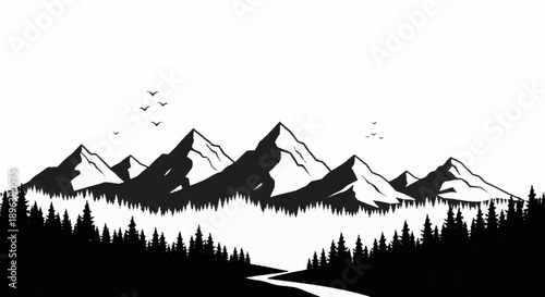 Majestic mountain range with pine forest and winding river.