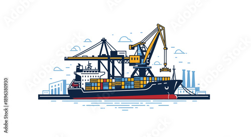 Cargo ship being loaded at port with large cranes.