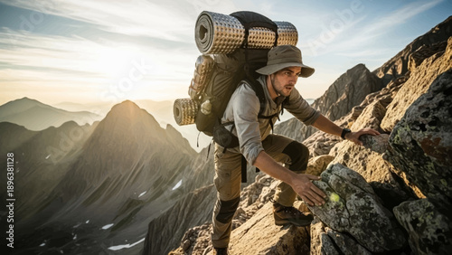 Man climbing a steep rocky mountain with a large backpack.