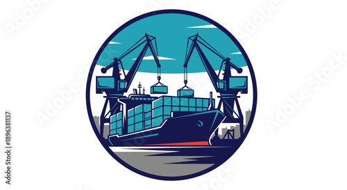 Cargo ship being loaded by cranes at a busy port.