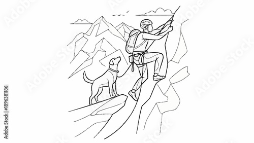 Man climbing mountain with dog watching him.