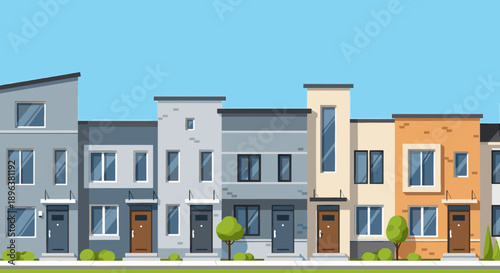 Row of modern townhouses in suburban neighborhood