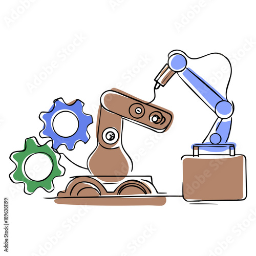 Industrial robot arm with gears and crate in minimal style  