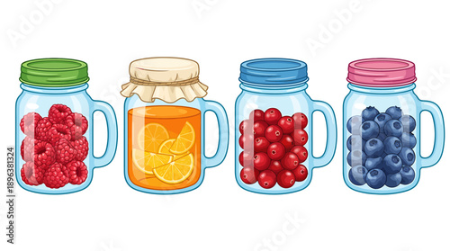 Four jars with different types of berries and citrus slices inside  isolated on white