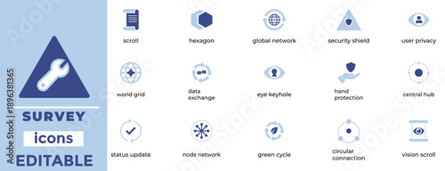 Survey Data Privacy Network Icons Minimal Line Art Vector Set