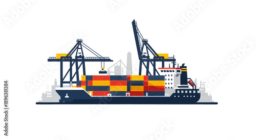 Cargo ship being loaded with containers at port.