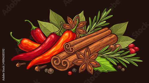 Variety of spices and herbs including chili peppers and cinnamon sticks on display