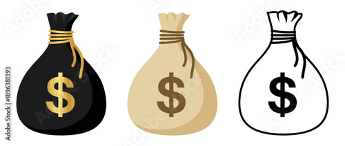 Three cartoon money bags with dollar signs on them