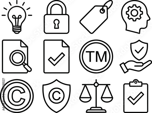 Legal and intellectual property icons: trademark, copyright, license, and security shield. Vector illustration for rights and protection concepts.