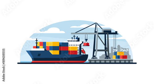 Cargo Ship Docked at Port with Crane Loading Containers.