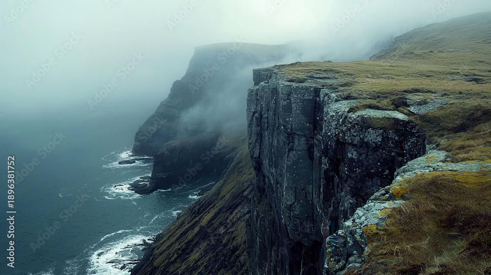 Fototapeta premium Remote island shoreline cliff fog Atlantic coast, rugged sea stack under moody sky
