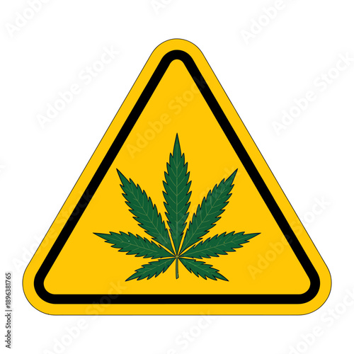 Yellow triangular warning sign with a green cannabis leaf