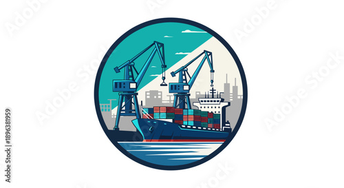 Cargo Ship Loading and Unloading at Industrial Port with Cranes.