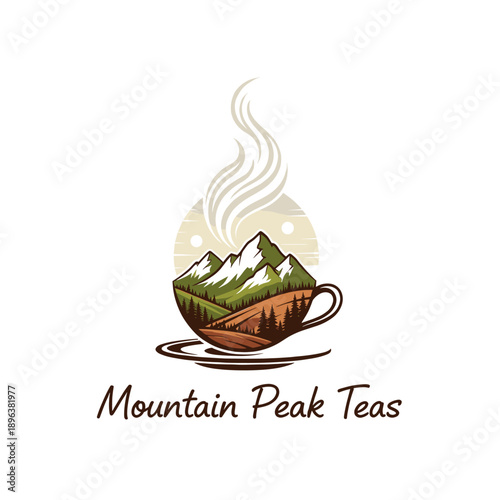 A logo for "Mountain Peak Teas" featuring a teacup with mountains, trees, and steam rising.
