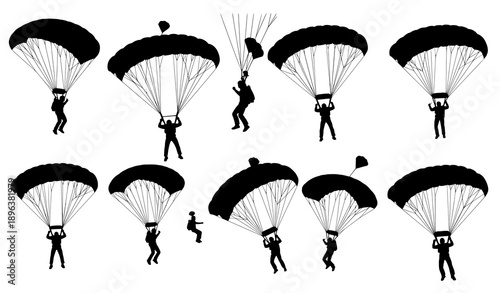 Parachutist descent and landing silhouette vector illustration set
