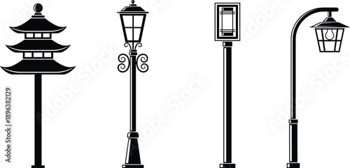 Asian and modern street lamp silhouettes set, decorative urban lantern posts and outdoor lighting vector illustration collection