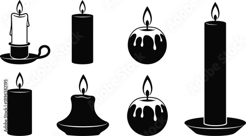 Black candle silhouettes collection, burning wax flames, decorative candle icons, minimalist vector illustration isolated on light gray background