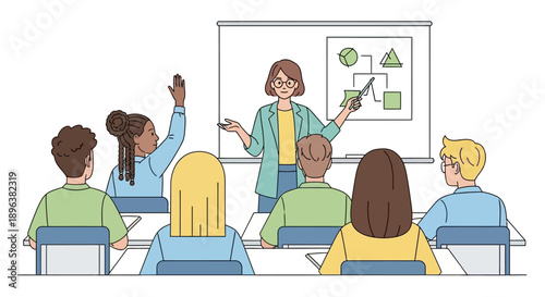 Teacher Explaining Diagram to Diverse Students in Modern Classroom Setting