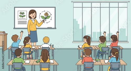 Elementary school teacher explaining plant biology to young students in a bright classroom