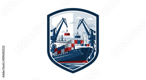 Cargo Ship Loading Containers with Cranes in a Shield Emblem.