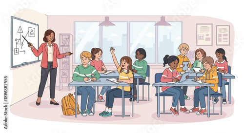 Teacher Explaining Lesson to Diverse Students in a Bright Classroom