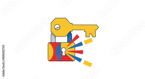 Unlocking Solution Concept. Cartoon Key Opens Colorful Padlock Icon. Access, Security, and Problem-Solving Vector Illustration.