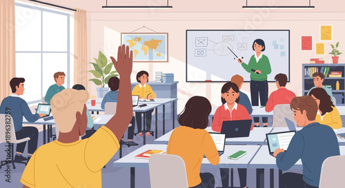 Diverse Students Learning in Modern Classroom with Teacher and Interactive Whiteboard