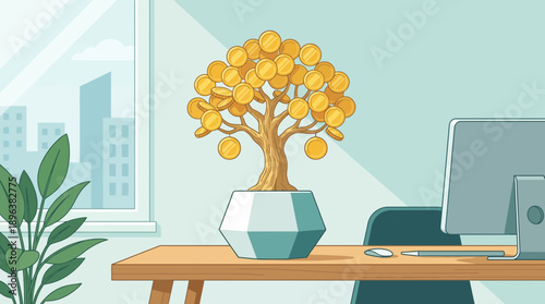Illustration of a gold coin money tree in a modern pot sitting on an office desk beside a computer monitor, concept for financial planning, wealth management and business growth strategy