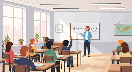 Teacher Explaining Lesson to Diverse Students in Modern Classroom Setting