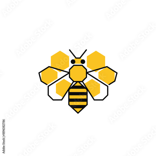 A stylized geometric bee logo with hexagonal wings and a striped body.