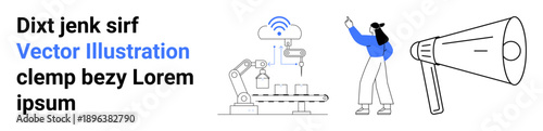 Woman gesturing towards advanced robotic arm, megaphone, and cloud-based technology. Ideal for automation, industry concepts, innovation, teamwork, communication, marketing simple landing page