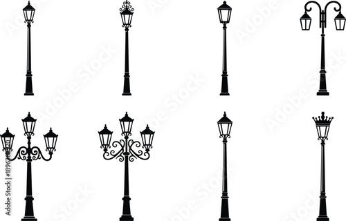 Classic vintage street lamp silhouettes set, ornate urban lantern posts and decorative outdoor lighting vector illustration collection