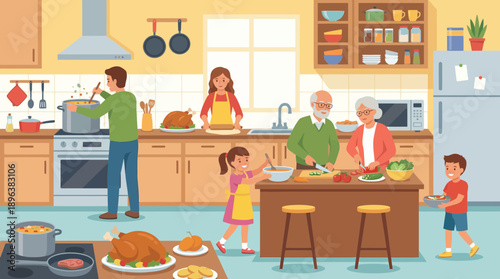 Multi-generational family happily cooking Thanksgiving dinner in a modern kitchen setting, concept for family recipes, holiday celebration promotion and home cooking guides