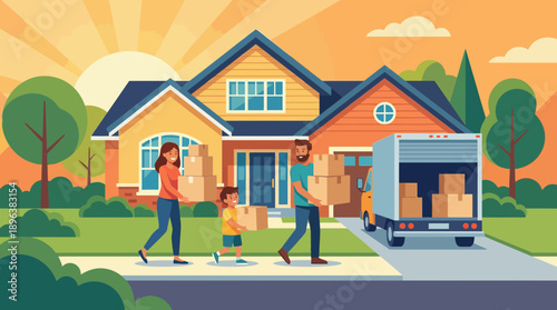 Family moving boxes into a new suburban home from a truck on the driveway, concept for relocation services, home purchase advertising and residential living