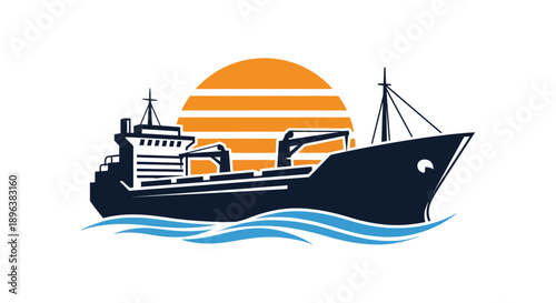 Cargo ship sailing on ocean waves with a vibrant sunset in the background.