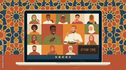 Muslim people on laptop video call for virtual Iftar against colorful geometric background, concept for cultural celebration, online community and Ramadan social media
