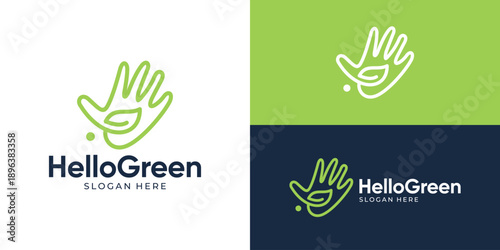 Creative simple hello green logo template. High five with leaf symbol, go green logo design vector illustration.