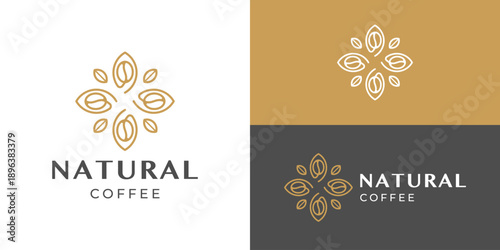 Creative simple natural coffee logo template. Coffee bean with flower for cafes logo design vector illustration.