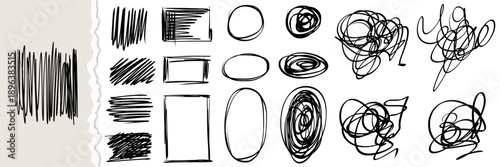 Messy pen scribble pack. Black pencil doodles, lines, childish frames, random tangle circles. Set of freehand icons for designs. Isolated vector illustration on white background