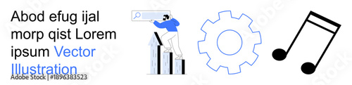 Data analysis, business progress, technology, engineering, innovation, creativity. A person analyzing charts, gear and a musical note. Business progress and technology ion