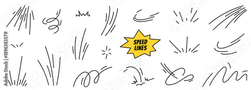 Doodle superhero effects. Comic symbols of speed lines, flight, speed, jump, impact effects, explosion elements. Hand drawn icon set in cartoon style. Vector illustration isolated on a white backgroun