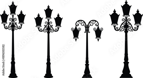 Ornate vintage street lamp silhouettes collection, classic decorative urban lantern posts with elegant retro outdoor lighting design