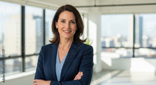 Confident businesswoman smiling in modern office space with city view Free Download Confident businesswoman smiling in modern office space with city view - GFXLoad
