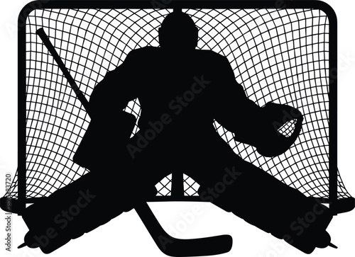 Ice hockey goalie silhouette defending goal net sports action concept professional goalkeeper illustration isolated on white background