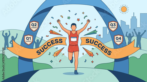 Executive runner celebrating success after crossing finish line with Q1-Q4 targets and confetti, concept for annual report, business achievement and corporate goals